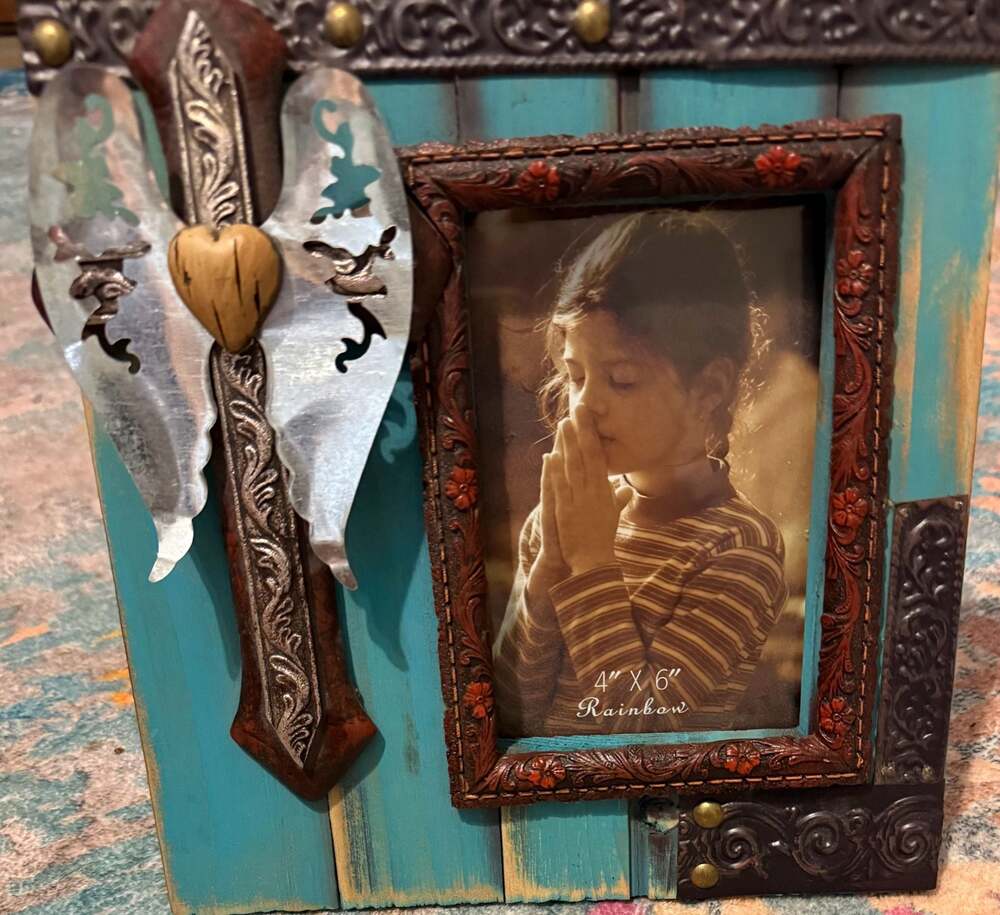 Rainbow Inc. Western Rustic Turquoise Wood Frame Cross and Angel Wing Detail